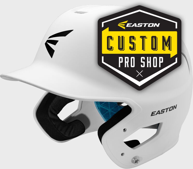 A white Z5 batting helmet with the "Easton Custom Pro Shop" logo on the helmet loading=