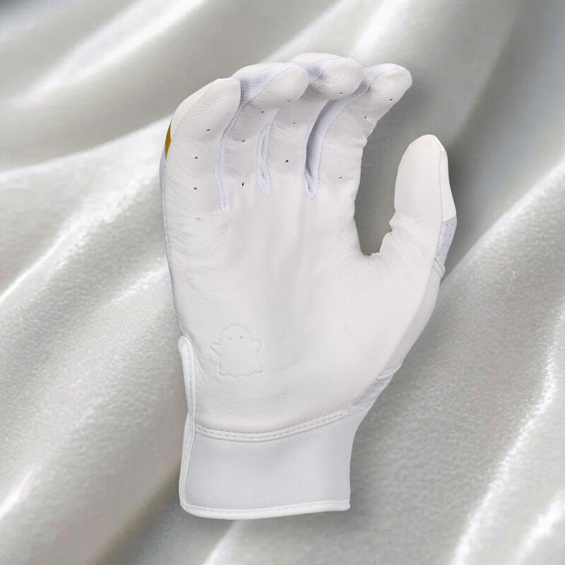 Palm of a "Snowstorm" Easton Ghost Ethos fastpitch batting glove with a white snowstorm theme background