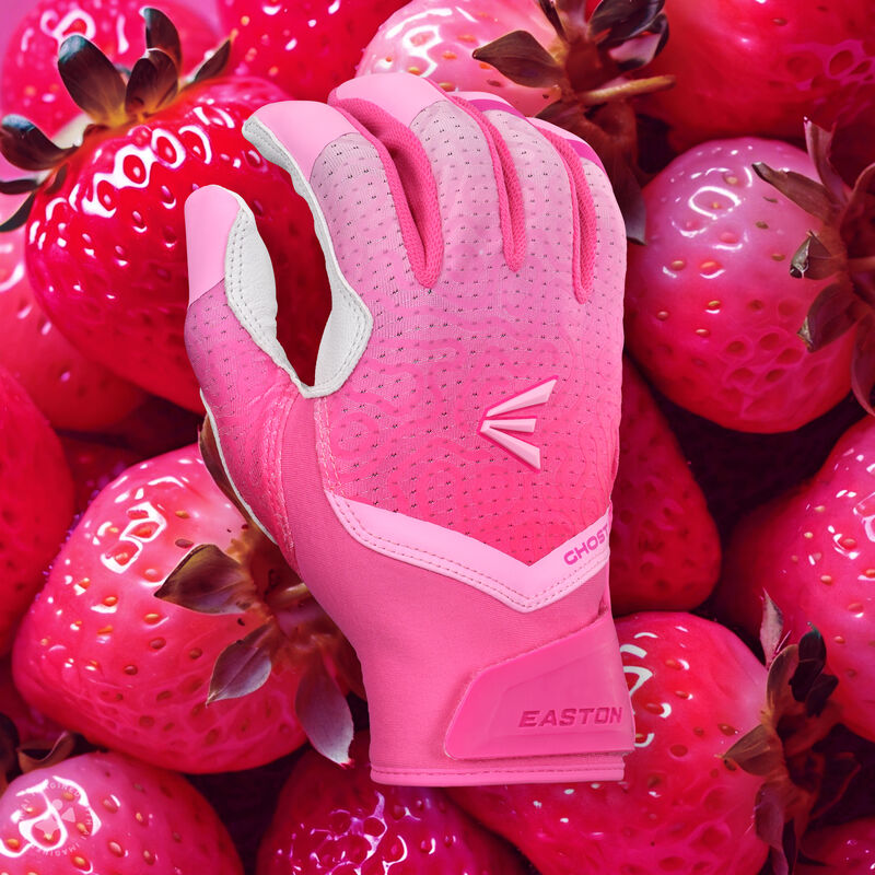 Back of a "Strawberry Glow" Easton Ghost Ethos fastpitch batting glove with a pink strawberry theme background