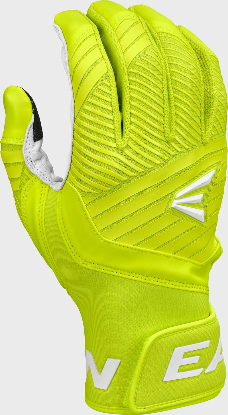 Back of a right hand optic yellow Walk-Off Ethos Energy Drink batting glove