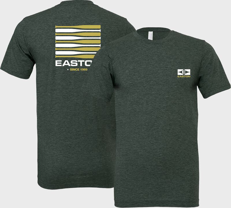 Picture showing the front and back of a heather forest green Easton Retro bat flag t-shirt