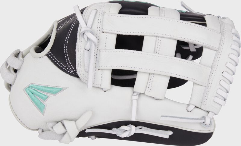 White thumb of a black/white Easton Fundamental Fastpitch 13-Inch fastpitch softball glove with a white H-web loading=