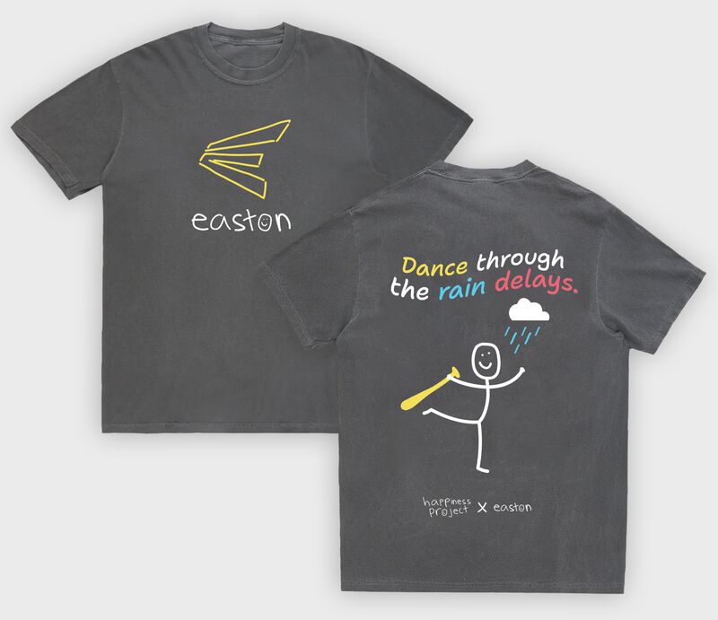 A pepper Easton x Happiness Project "Dance Through The Rain Delays" tee shirt