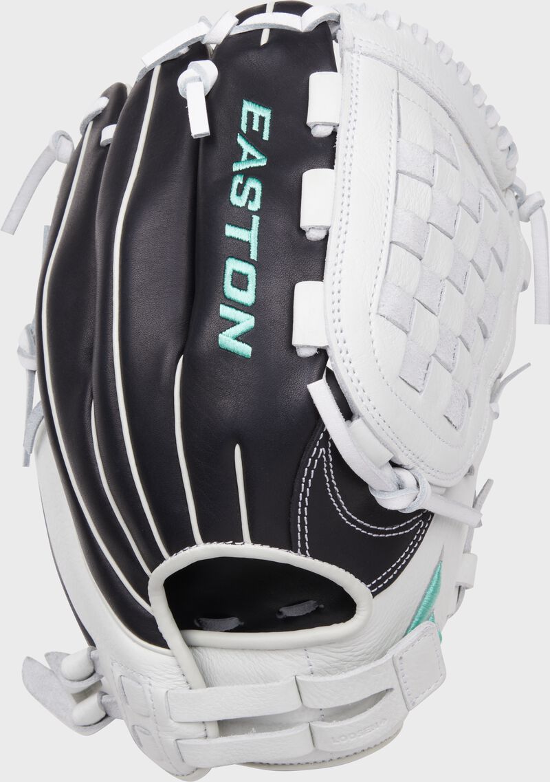Back of a black/white Easton Fundamental Fastpitch 12.5-Inch fastpitch softball glove