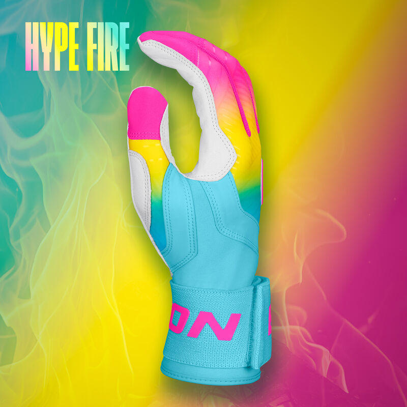 Thumb of an Eason Walk-Off Ethos Locked-In Fire batting glove with a matching design background loading=