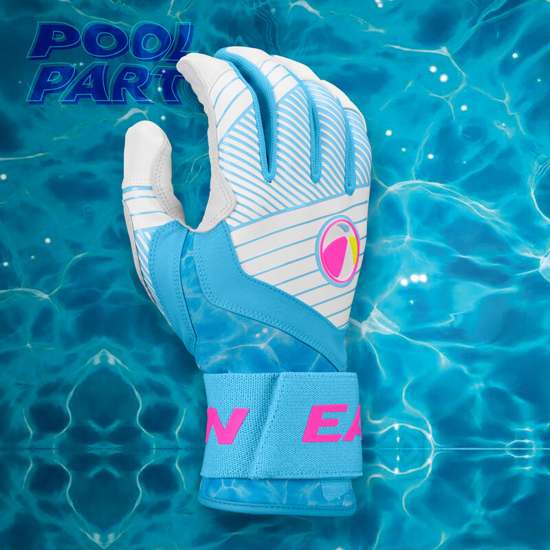 Back of an Eason Walk-Off Ethos Locked-In Pool Party batting glove with a matching design background loading=