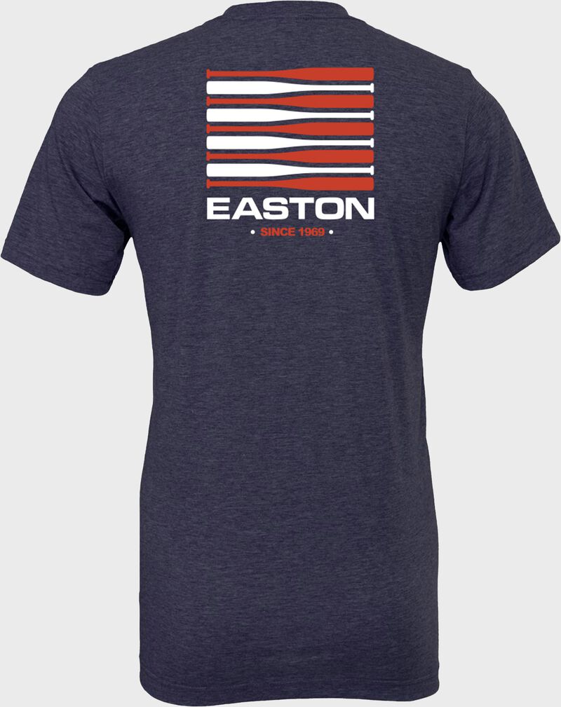 Easton bat flag logo on the back of a heather navy Easton retro t-shirt