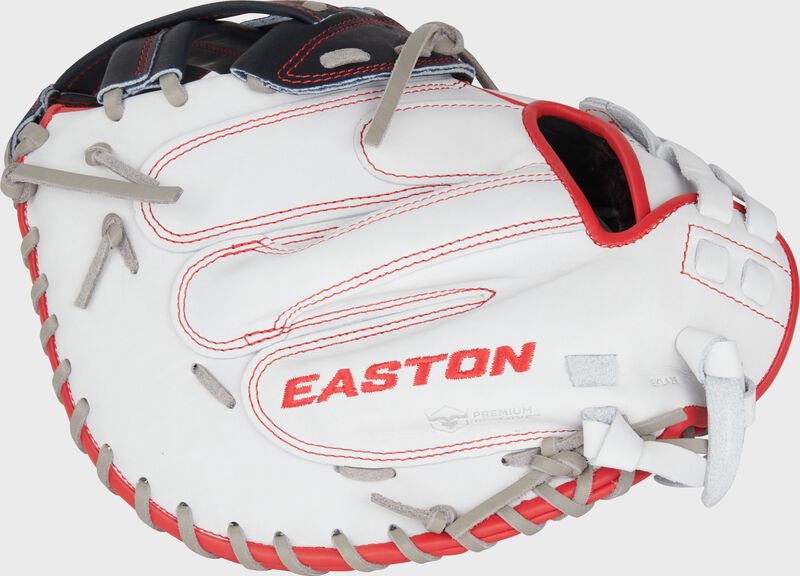 White back of an Easton Professional Collection Color Splash 34” fastpitch catcher’s mitt