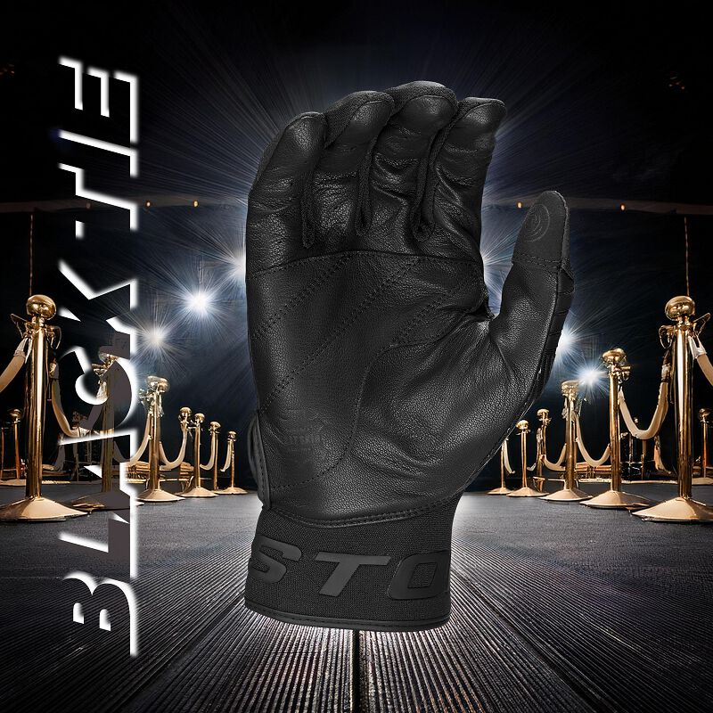 Palm of a black Easton Walk-Off Ethos Black Tie batting glove with a "Black Tie" background