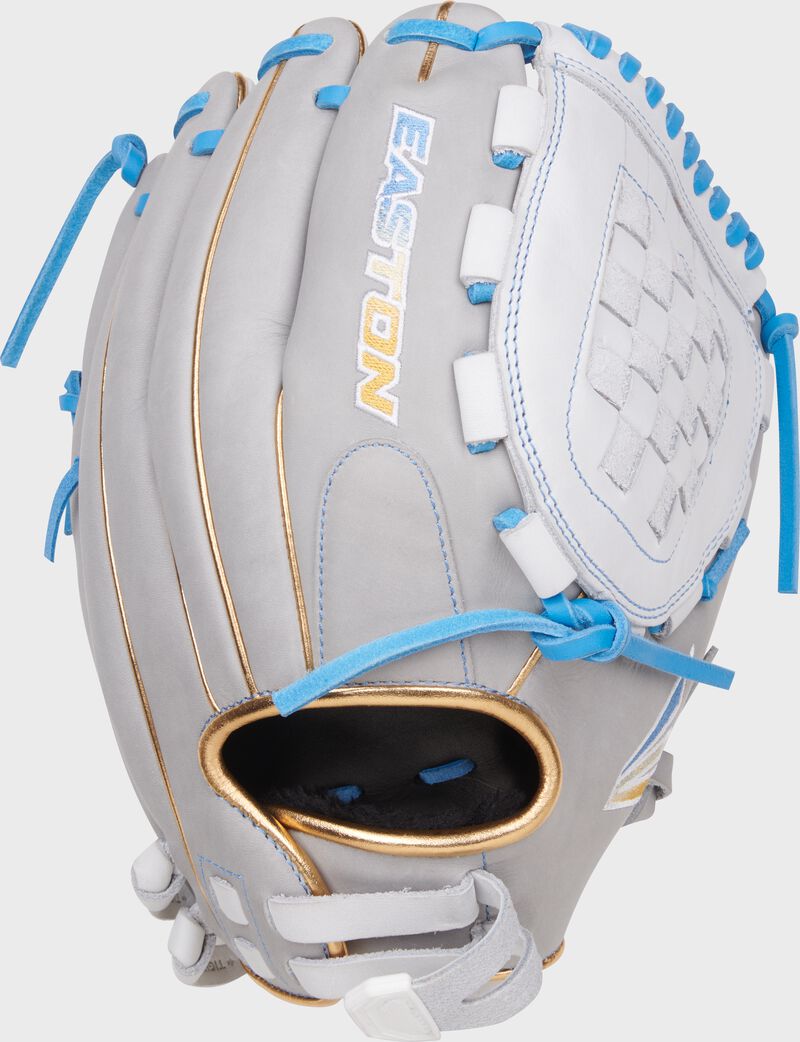 Back of a white/gray Easton Professional Collection 12" fastpitch softball glove