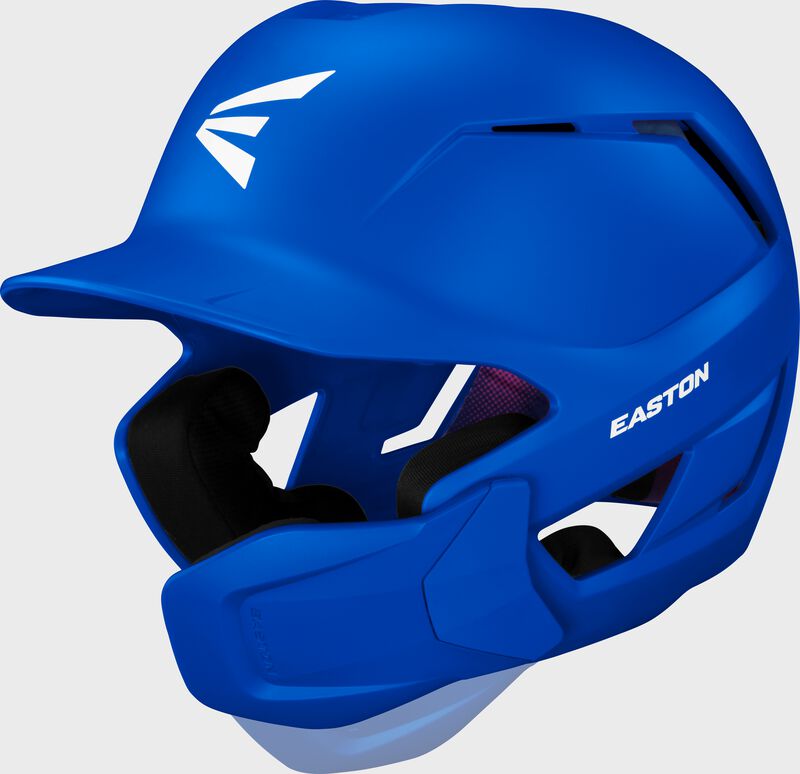 Front left of a royal Easton Z50 batting helmet with mult-adjust jaw guard showing the jaw guard adjustability
