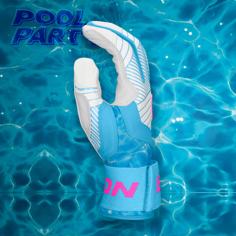 Thumb of an Eason Walk-Off Ethos Locked-In Pool Party batting glove with a matching design background