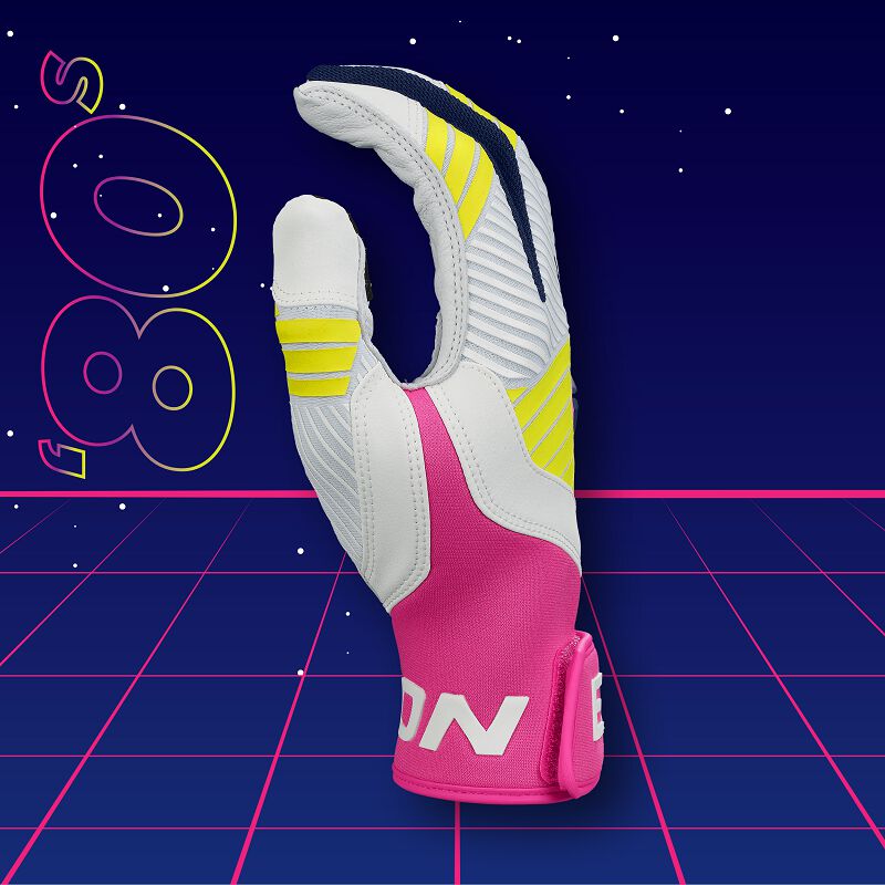 Thumb of a Walk-Off Ethos 80's batting glove with an "80's" background