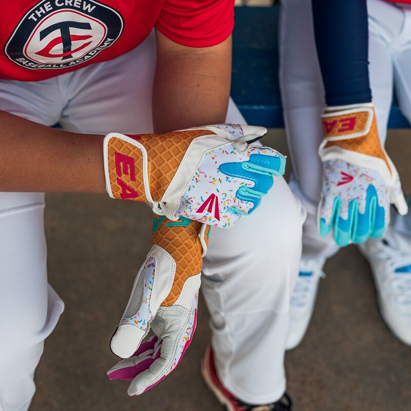 Picture of a player's hands wearing Walk-Off Ethos Sugar Rush batting gloves
