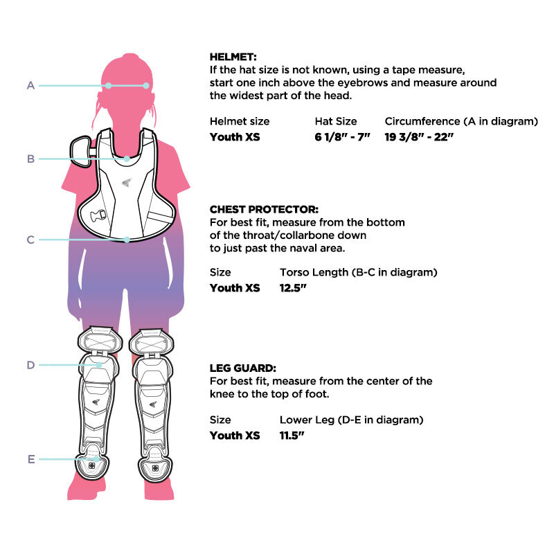 Sizing chart for Easton Jen Schro My Very Fist catcher's set describing the size of the helmet, chest protector and leg guards