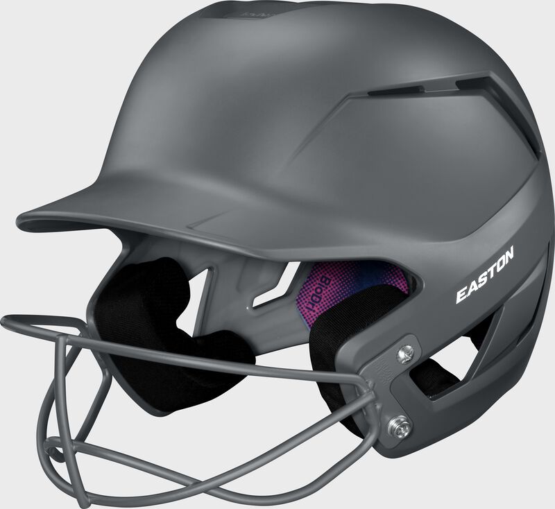 Front left of a charcoal Easton Z50 fastpitch batting helmet with the Screamin' E logo removed from the forehead
