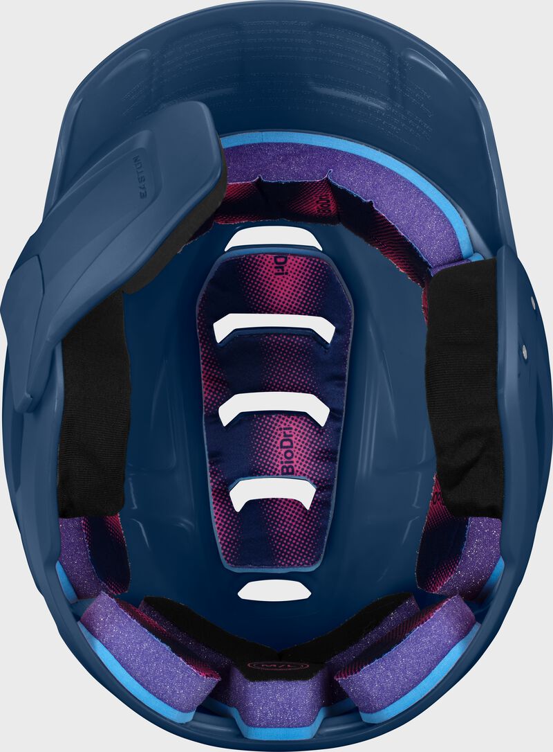 Inside padding of a navy Easton Z50 batting helmet with mult-adjust jaw guard