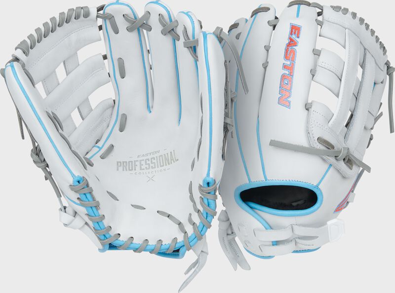 Two images showing the back & palm of a white/columbia blue/pink Easton Professional Collection 13" fastpitch softball glove loading=