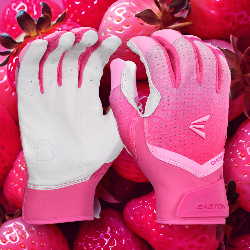 A pair of "Strawberry Glow" Easton Ghost Ethos fastpitch batting gloves with a pink strawberry theme background