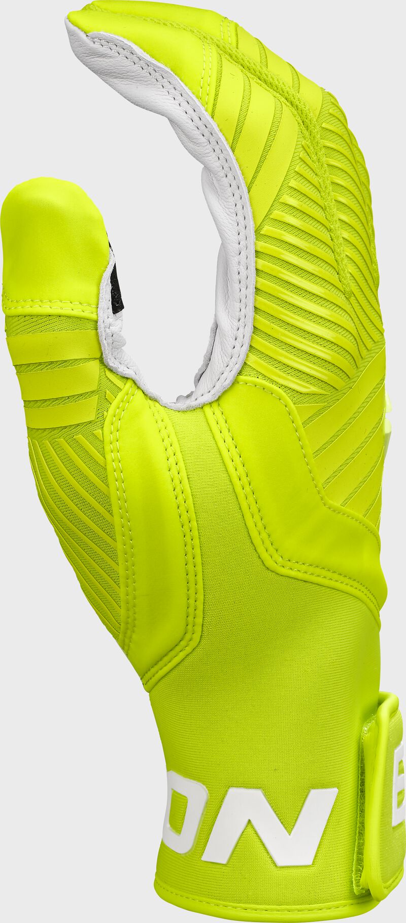 Optic Yellow thumb of a Walk-Off Ethos Energy Drink batting glove