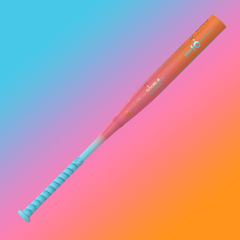 View three of an Easton Ghost OG Rainbow Sherbet Fastpitch bat with a blue, pink, & orange background