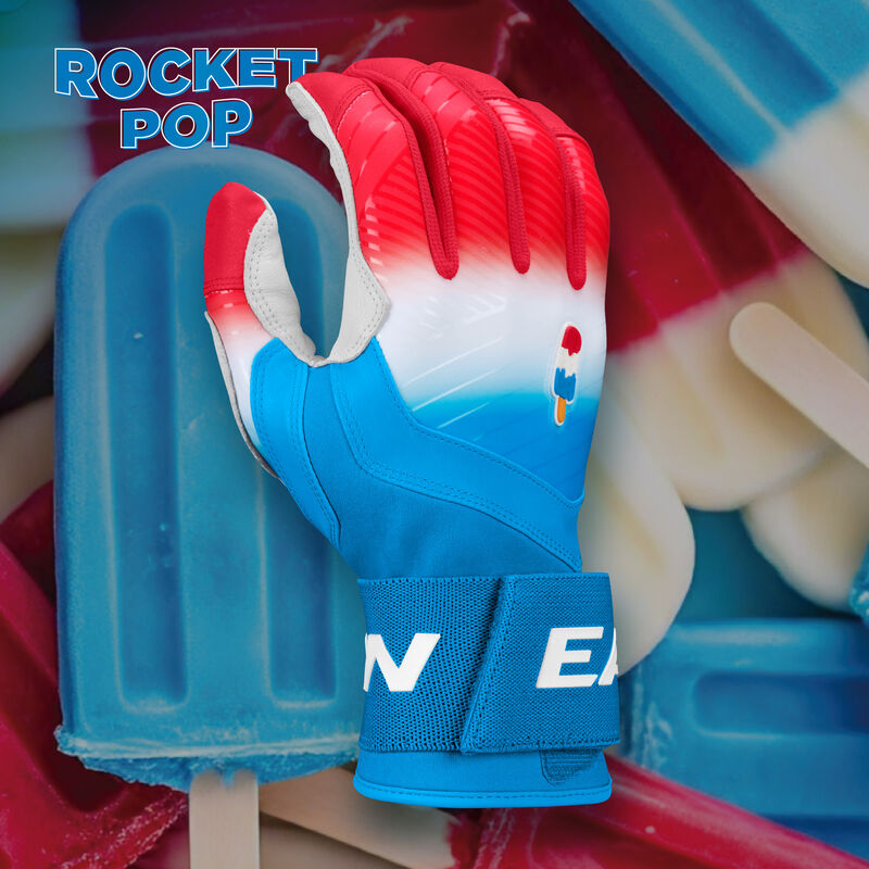 Back of an Eason Walk-Off Ethos Locked-In Rocket Pop batting glove with a matching design background loading=