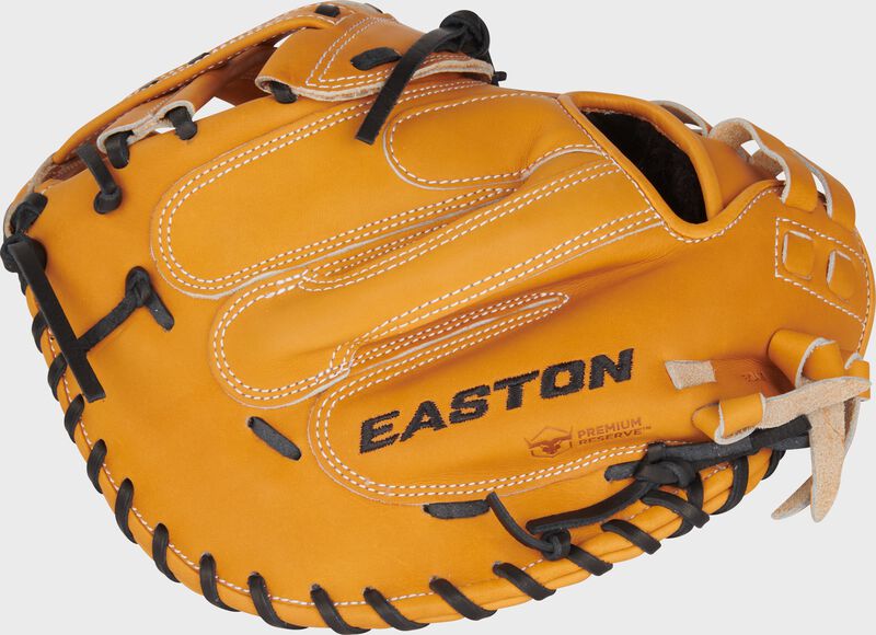 Tan back of an Easton Professional Collection Color Splash 34” fastpitch catcher’s mitt