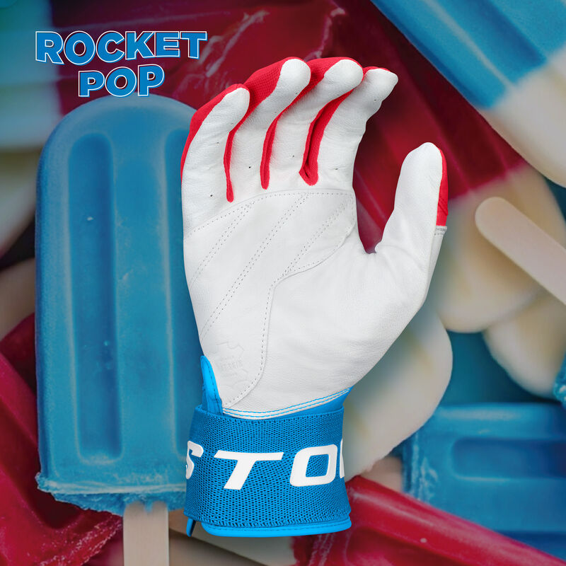 Palm of an Eason Walk-Off Ethos Locked-In Rocket Pop batting glove with a matching design background