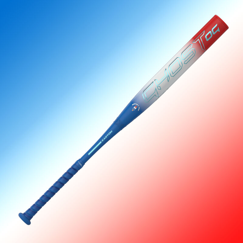 Main view of an Easton Ghost OG Rocket Pop Fastpitch bat with a red, white, & blue background