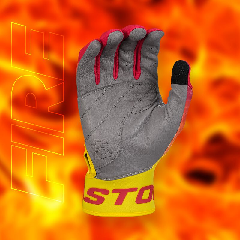 Grey palm of a Walk-Off Ethos Fire batting glove with a "fire" background