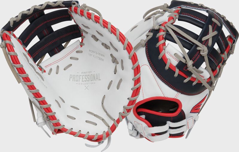 2 images showing the back & palm of a red/white/navy 13” Easton Professional Collection Color Splash 1st base mitt