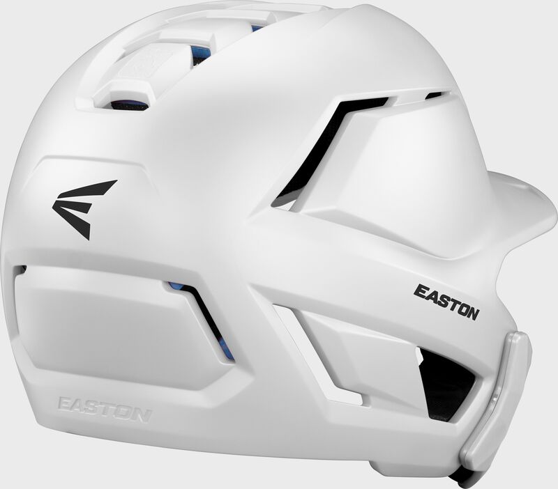 Back right of a white Easton Z50 batting helmet with mult-adjust jaw guard loading=
