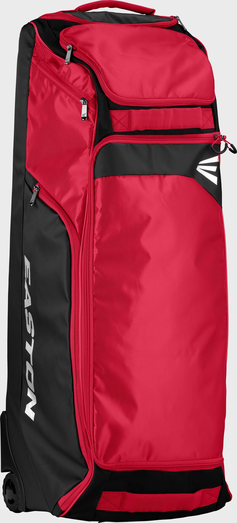 A red dugout wheeled bag standing up
