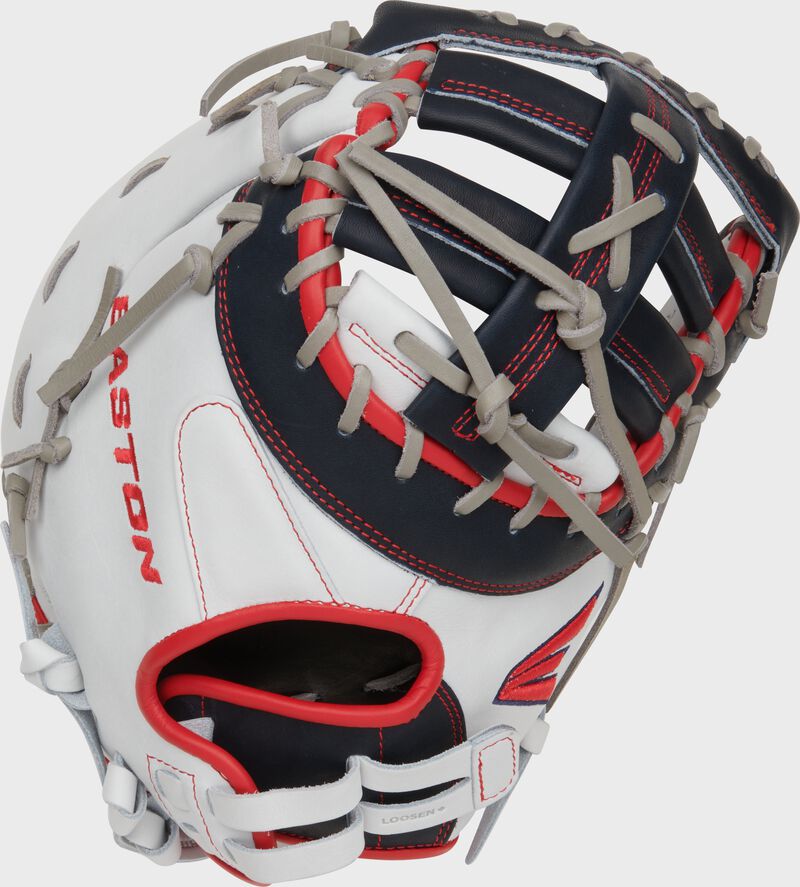 Back of a red/white/navy Professional Collection Color Splash 13” fastpitch 1st base mitt