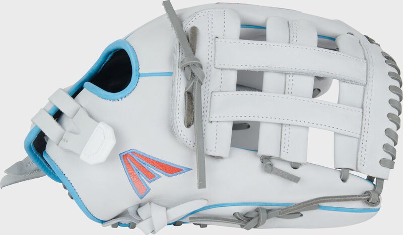Thumb of a white/columbia blue/pink Easton Professional Collection 13" fastpitch softball glove with a white H-web loading=