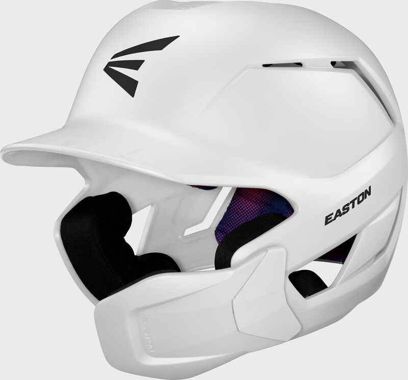 Front left of a white Easton Z50 batting helmet with mult-adjust jaw guard