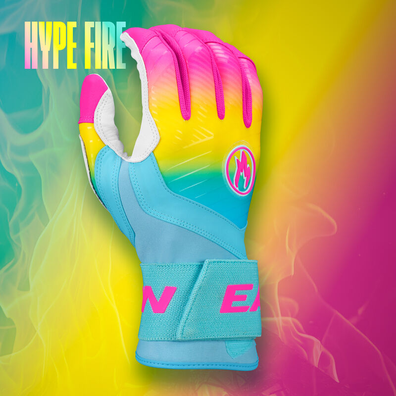 Back of an Eason Walk-Off Ethos Locked-In Fire batting glove with a matching design background