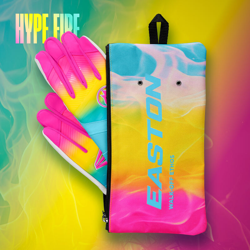 A pair of Eason Walk-Off Ethos Locked-In Fire batting gloves in the glove bag with a matching design background loading=