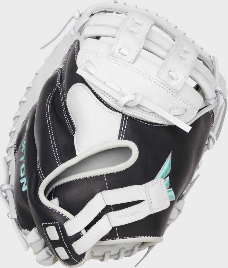 Back of a black/white Easton Fundamental Fastpitch 33" fastpitch catcher's mitt