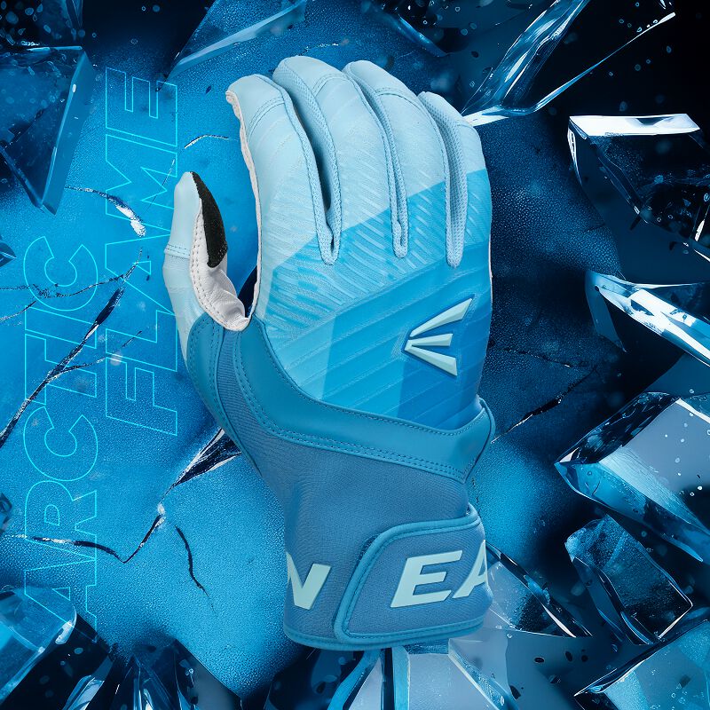 Back of an Easton Walk-Off Ethos Arctic Flame batting glove with an "Arctic Flame" background