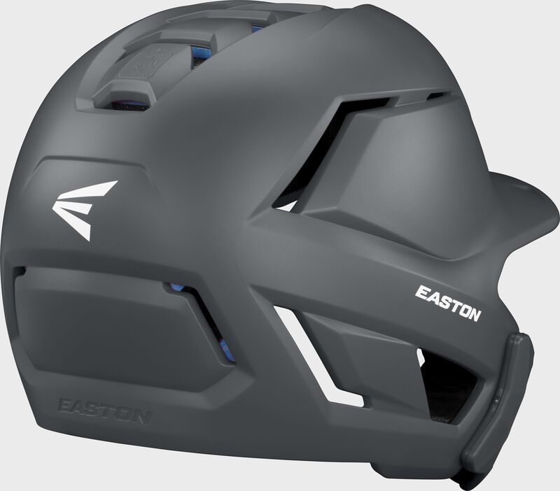 Back right of a charcoal Easton Z50 batting helmet with mult-adjust jaw guard