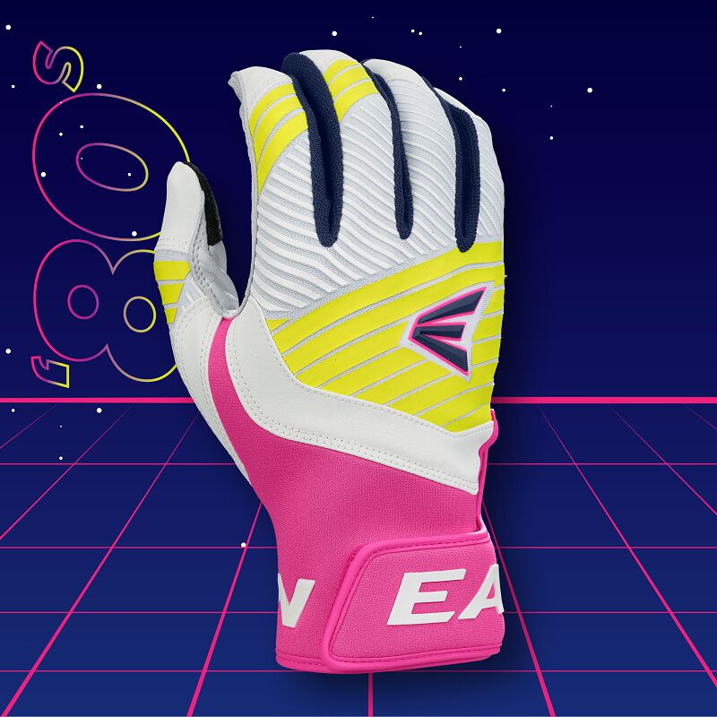 Back of an Easton Walk-Off Ethos 80's batting glove with a "80's" background