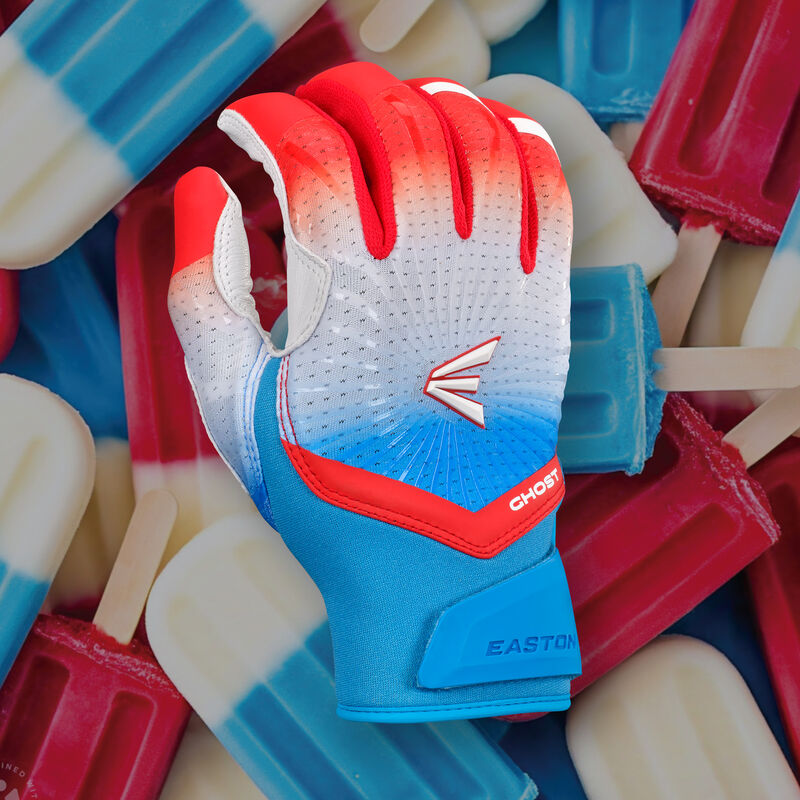 Back of a red/white/blue Easton Rocket Pop Ghost Ethos fastpitch batting glove with a Rocket Pop theme background loading=