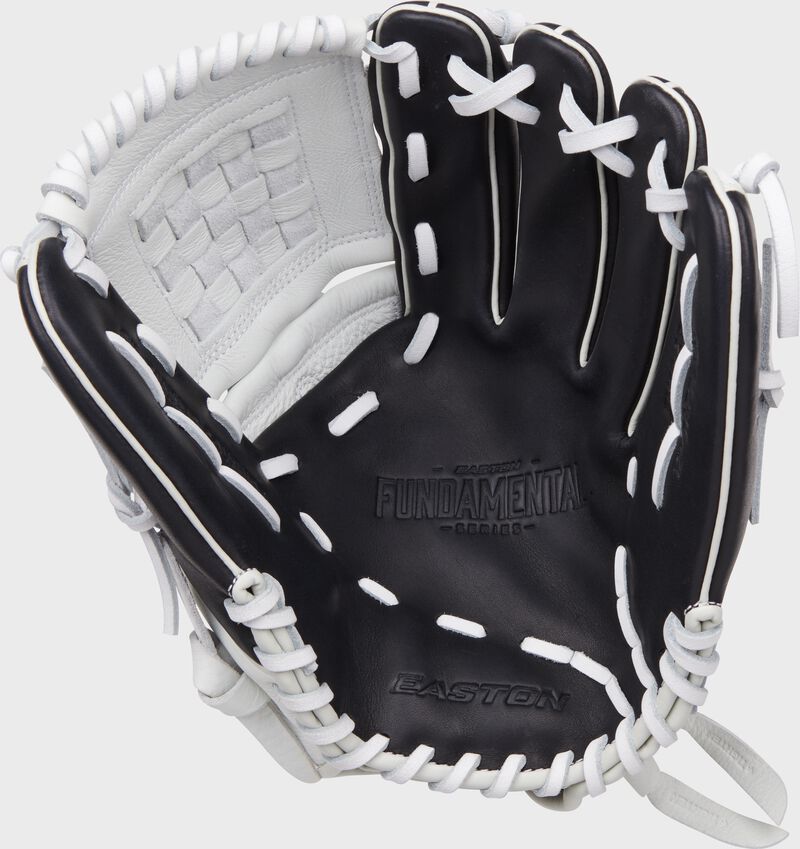 Black palm of a black/white Easton Fundamental Fastpitch 12-Inch fastpitch softball glove with white laces loading=
