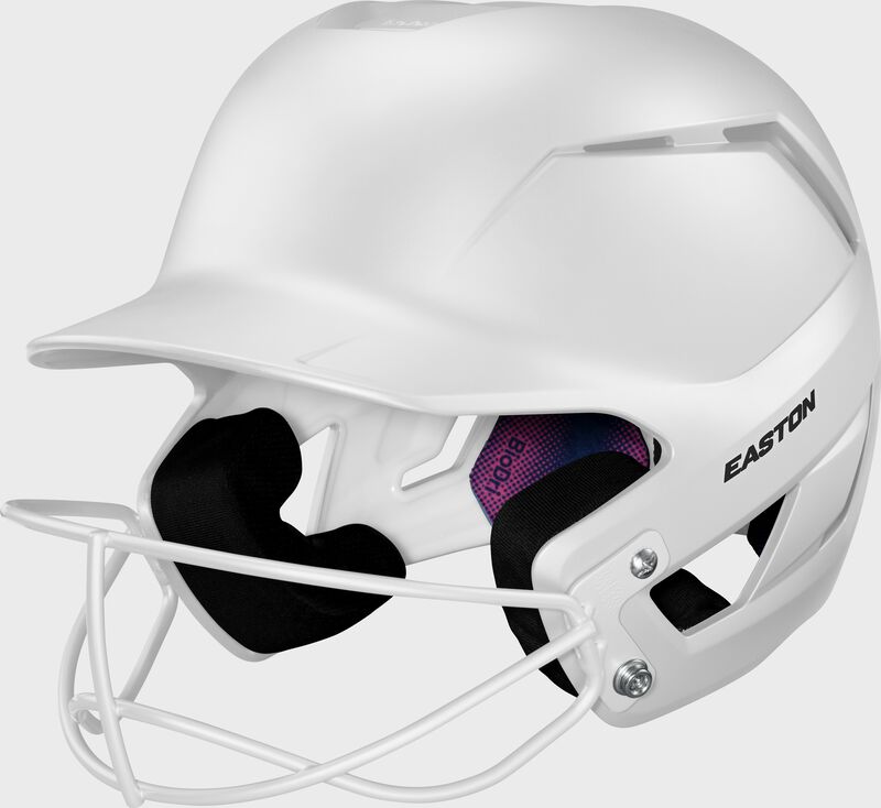 Front left of a white Easton Z50 fastpitch batting helmet with the Screamin' E logo removed from the forehead