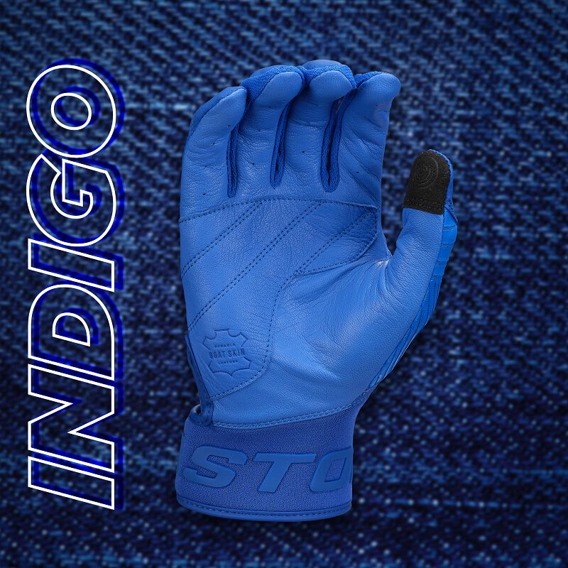 Palm of a royal Easton Walk-Off Ethos Indigo batting glove with an "Indigo" background