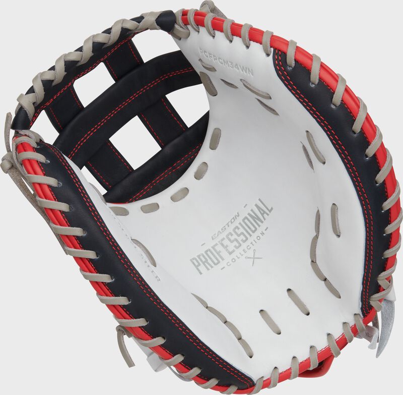 White palm of an Easton Professional Collection Color Splash fastpitch catcher’s mitt with grey laces