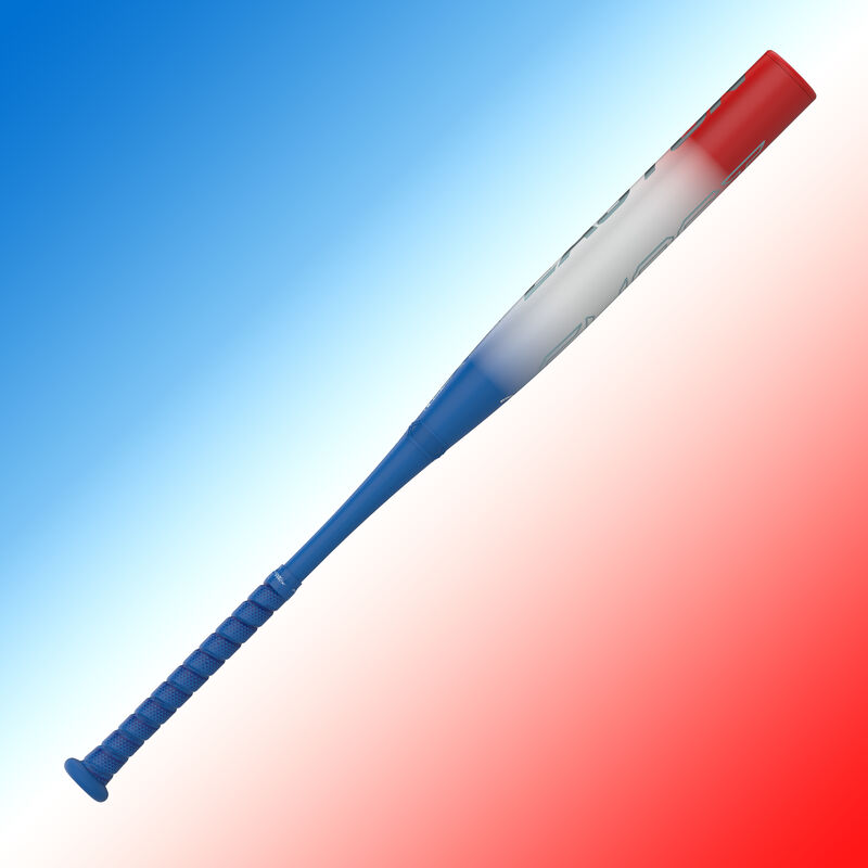 View four of an Easton Ghost OG Rocket Pop Fastpitch bat with a red, white, & blue background