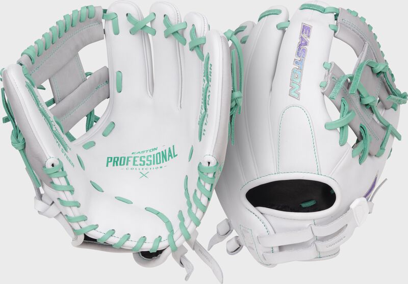 Two images showing the palm & back of a white/mint Easton Professional Collection 11.5" fastpitch softball glove loading=