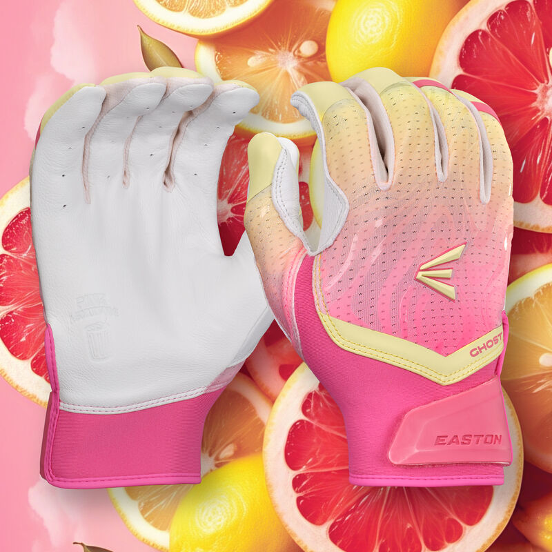 A pair of pink/white/yellow Easton Pink Lemonade Ghost Ethos fastpitch batting gloves with a pink lemonade theme background